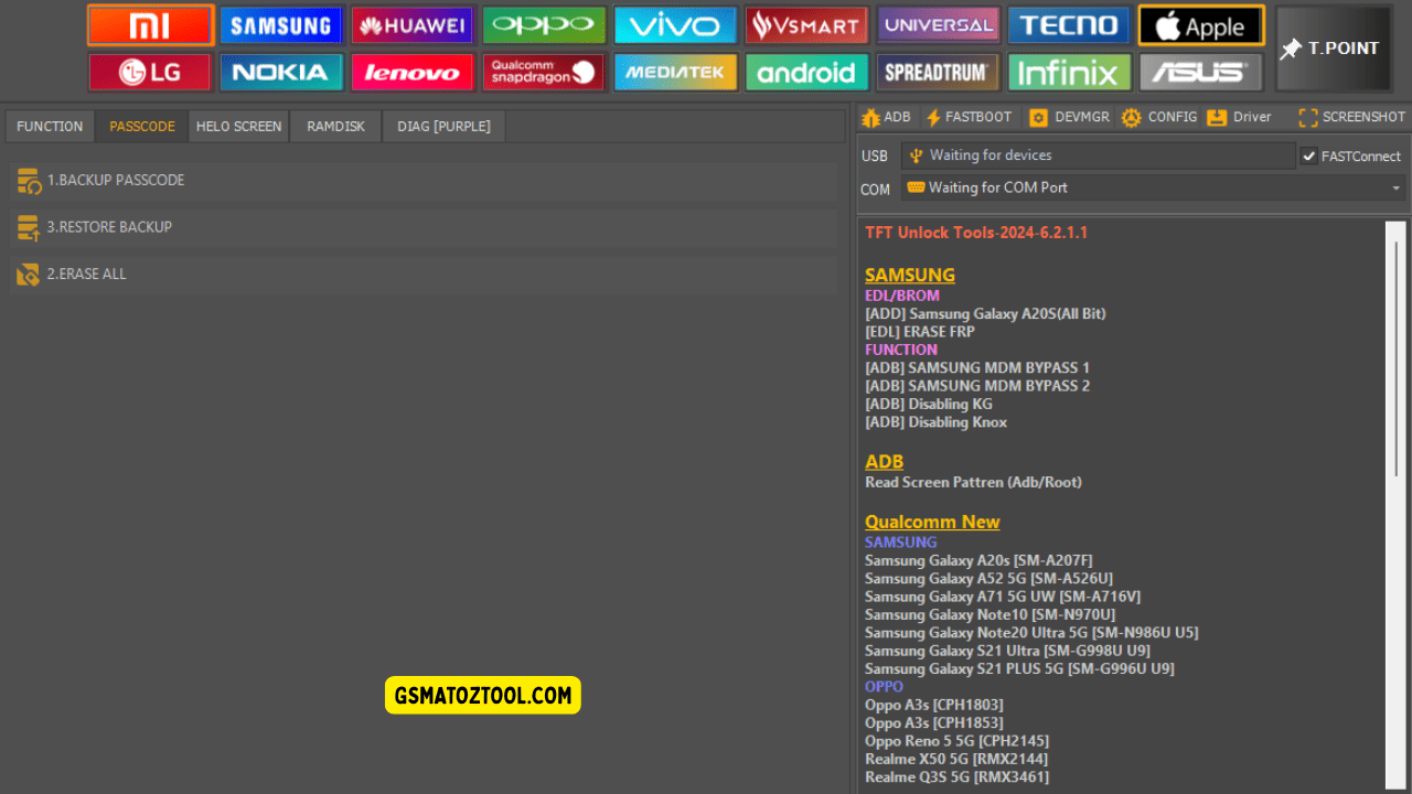 Screenshot of tft unlock tool showing the apple passcode tab with options for backup passcode restore backup erase all and usb/com connection status.