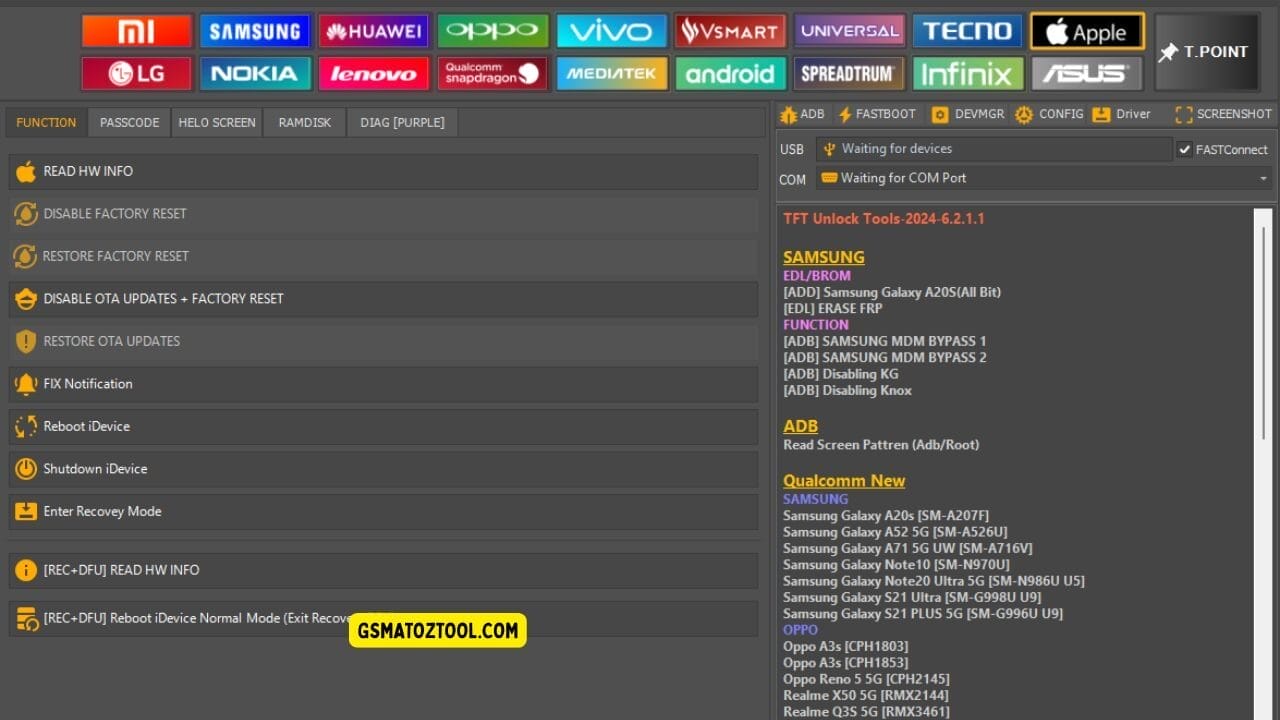 Screenshot of tft unlock tool crack showing the apple section function tab options idevice tools like read info ota control reboot and recovery mode along with usb/com status.