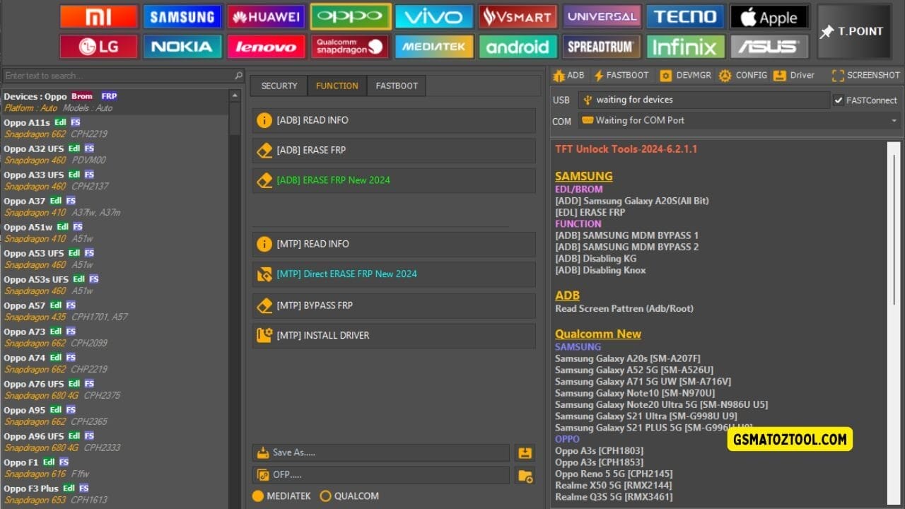 Tft unlock tool latest version free download (all-in-one solution) 18 Screenshot of tft unlock tool download showing the oppo device list function tab options adb and mtp frp tools ofp extract section and usb/com connection status.