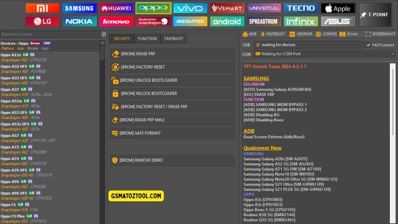 Screenshot of tft unlock tool download showing the oppo device list security tab options frp and factory reset tools bootloader controls and usb/com connection status.