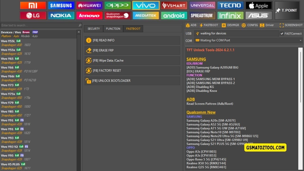 Screenshot of tft unlock tool download showing the vivo device list fastboot tab options frp tools factory reset features bootloader controls and usb/com connection status.