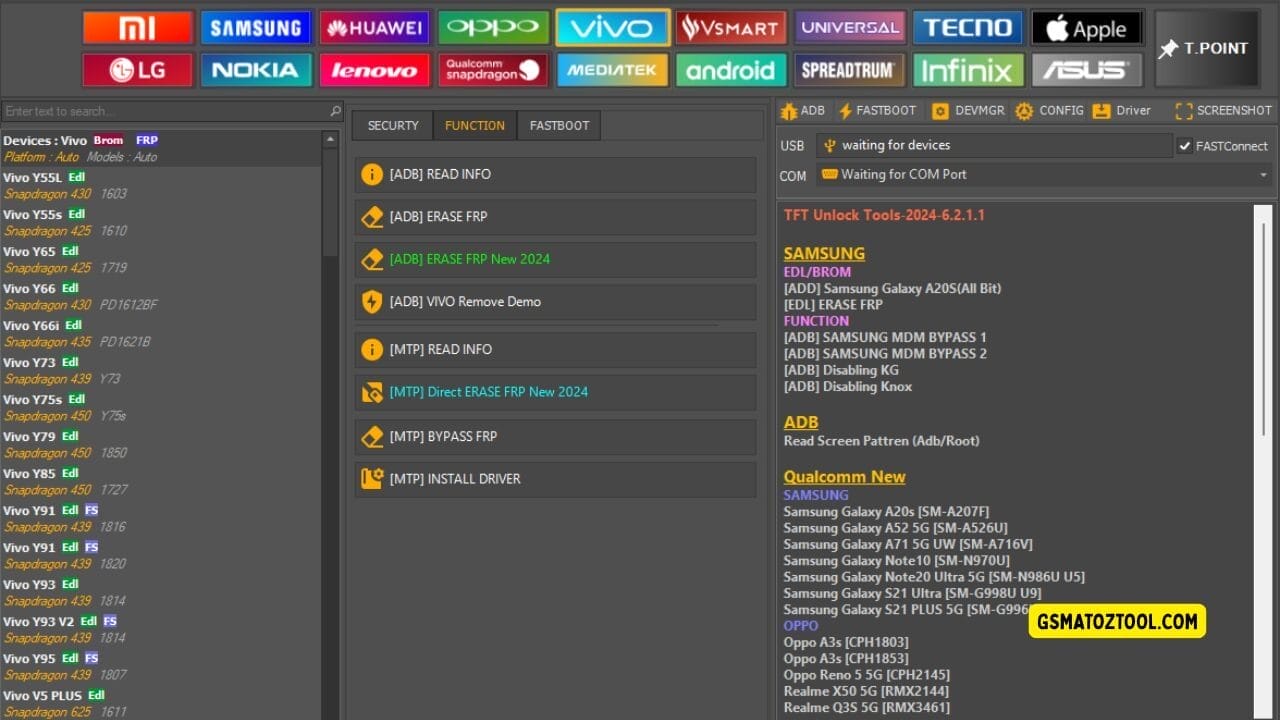 Screenshot of tft unlock tool download showing the vivo device list function tab options adb and mtp frp tools remove demo feature and usb/com connection status.