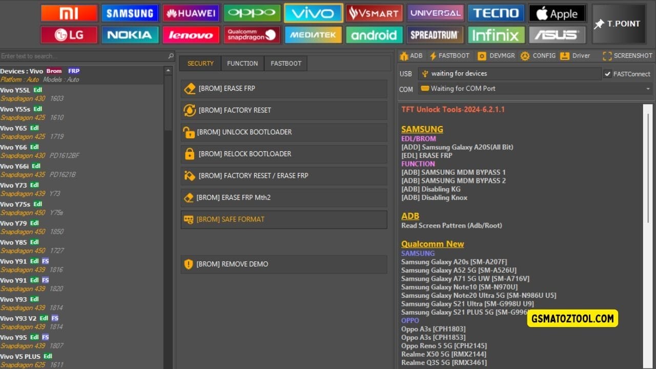 Tft unlock tool latest version free download (all-in-one solution) 20 Screenshot of tft unlock tool download showing the vivo device list security tab options frp and factory reset tools bootloader controls and usb/com connection status.