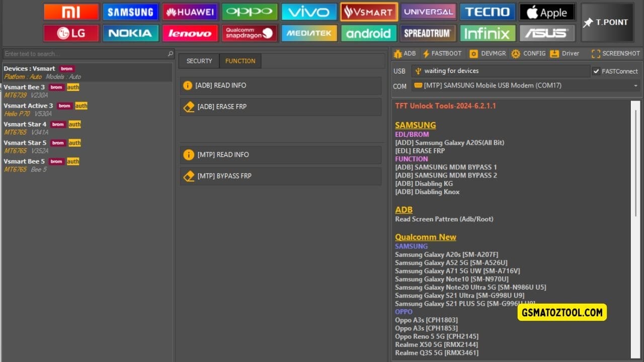 Screenshot of tft unlock tool latest version showing the vsmart device list function tab options adb and mtp frp tools and usb/com connection status.