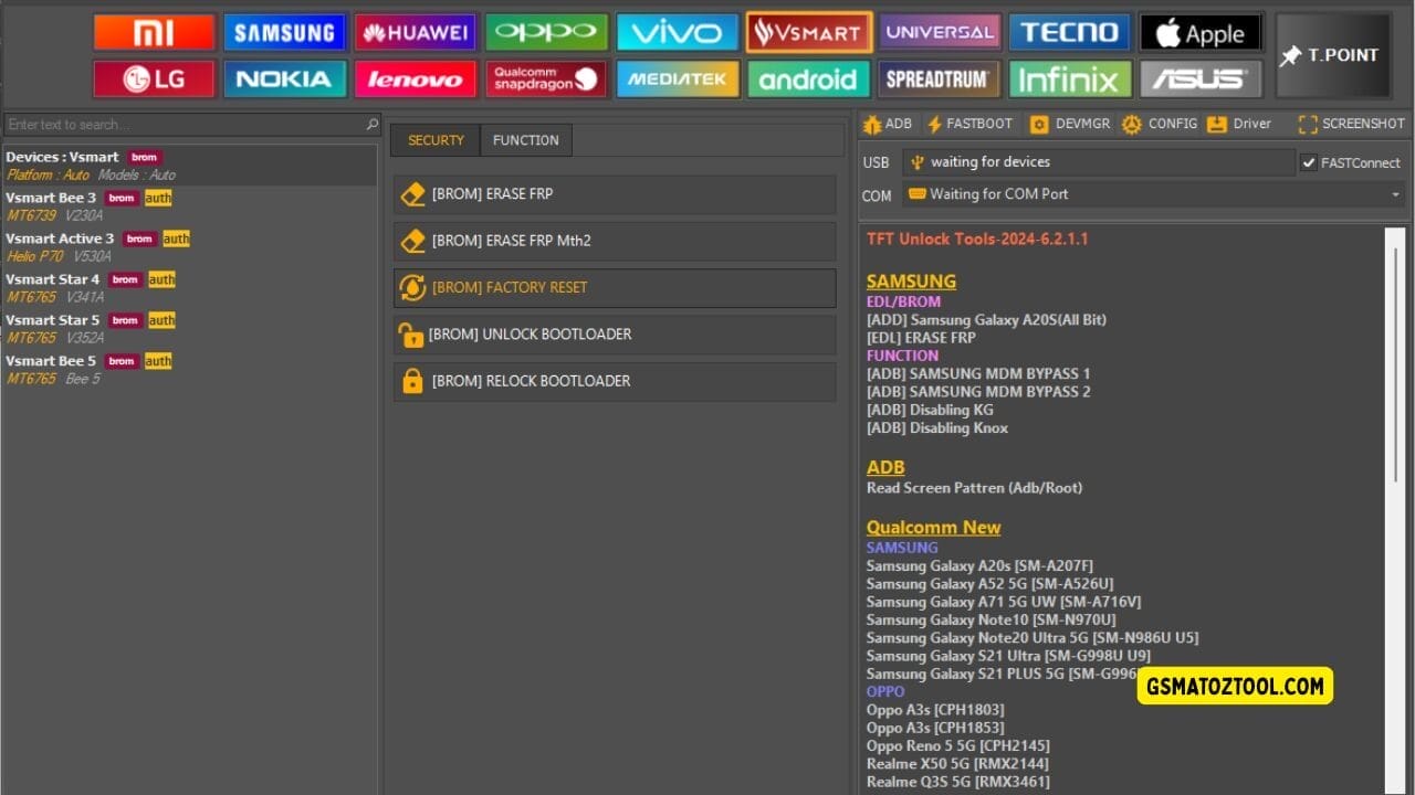 Tft unlock tool latest version free download (all-in-one solution) 23 Screenshot of tft unlock tool latest version showing the vsmart device list security tab options frp erase tools factory reset bootloader controls and usb/com connection status.
