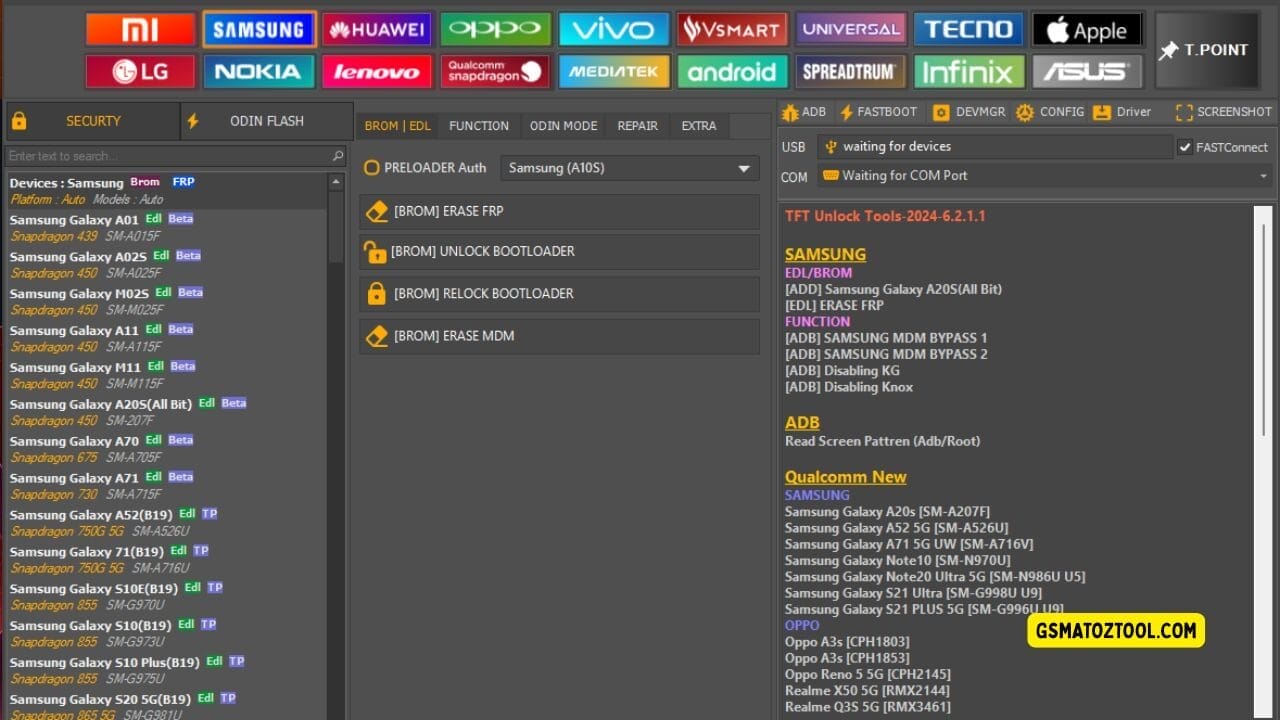 Screenshot of tft unlock tool update 2025 showing the samsung device list brom/edl options odin flash tab and usb/com connection status.