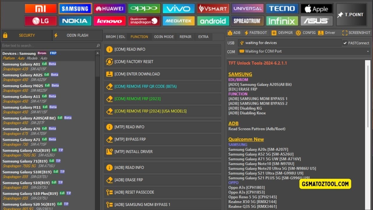 Tft unlock tool latest version free download (all-in-one solution) 9 Screenshot of tft unlock tool update 2025 showing the samsung device list function tab options device servicing tools and usb/com connection status.