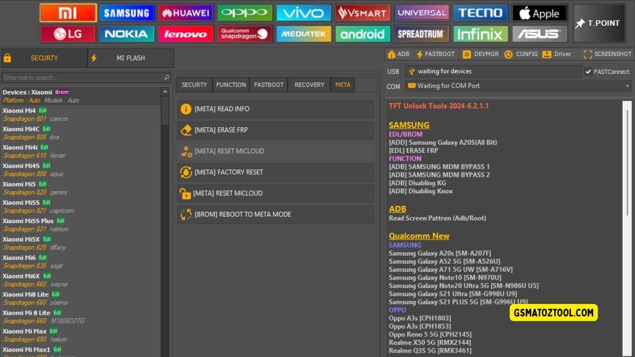 Screenshot of tft unlock tool update 2025 showing the xiaomi device list meta tab options frp erase factory reset micloud reset and usb/com connection status.