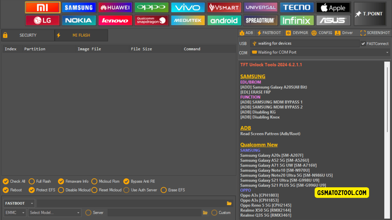 Screenshot of tft unlock tool update 2025 showing the xiaomi mi flash panel with an empty partition table flashing options and usb/com connection status.