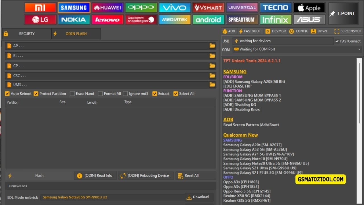 Screenshot of tft unlock tool v6. 2. 1. 1 free download​ showing the samsung odin flash panel firmware file slots flash options and usb/com connection status.