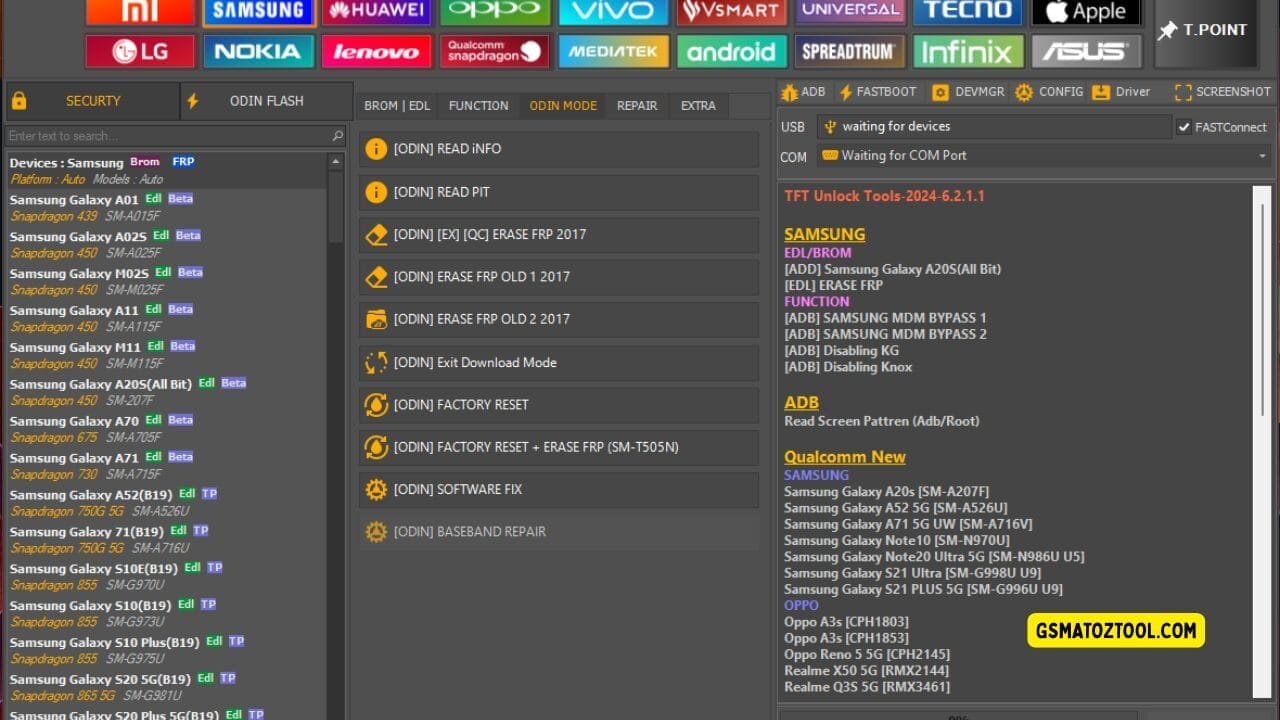 Screenshot of tft unlock tool v6. 2. 1. 1 free download​ showing the samsung device list odin mode options frp erase tools factory reset features and usb/com connection status.
