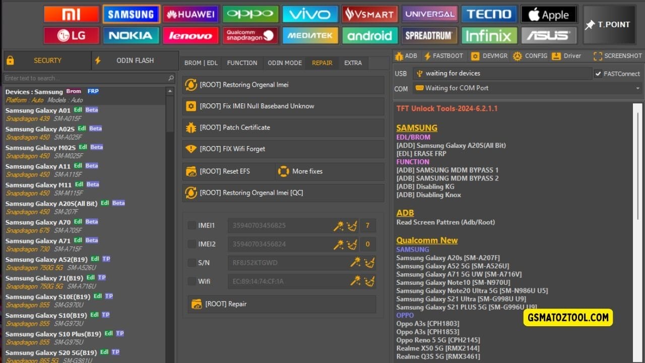 Screenshot of tft unlock tool v6. 2. 1. 1 free download​ showing the samsung device list repair tab options imei repair fields efs reset tools and usb/com connection status.