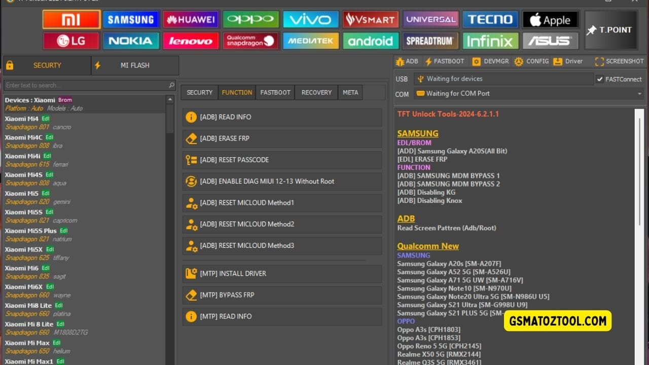Tft unlock tool the xiaomi device list adb function tab frp reset options micloud reset methods and usb/com connection status.