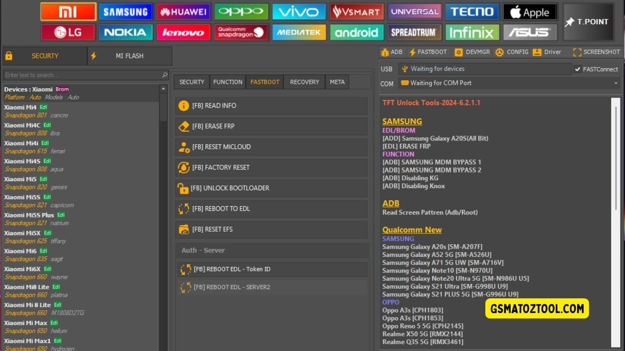 Tft unlock tool latest version free download (all-in-one solution) 4 Tft unlock tool showing the xiaomi device list fastboot tab options bootloader tools frp erase factory reset and usb/com connection status.