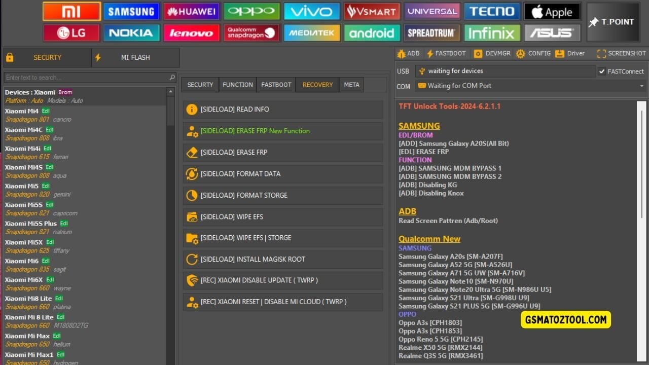 Tft unlock tool latest version free download (all-in-one solution) 5 Screenshot of tft unlock tool showing the xiaomi device list recovery tab options sideload tools and usb/com connection status.