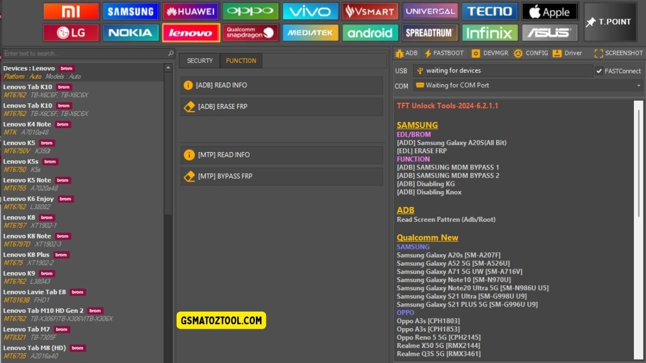 Tft unlock tool latest version free download (all-in-one solution) 41 Tft unlock tool lenovo function tab showing frp bypass and device information options via adb and mtp