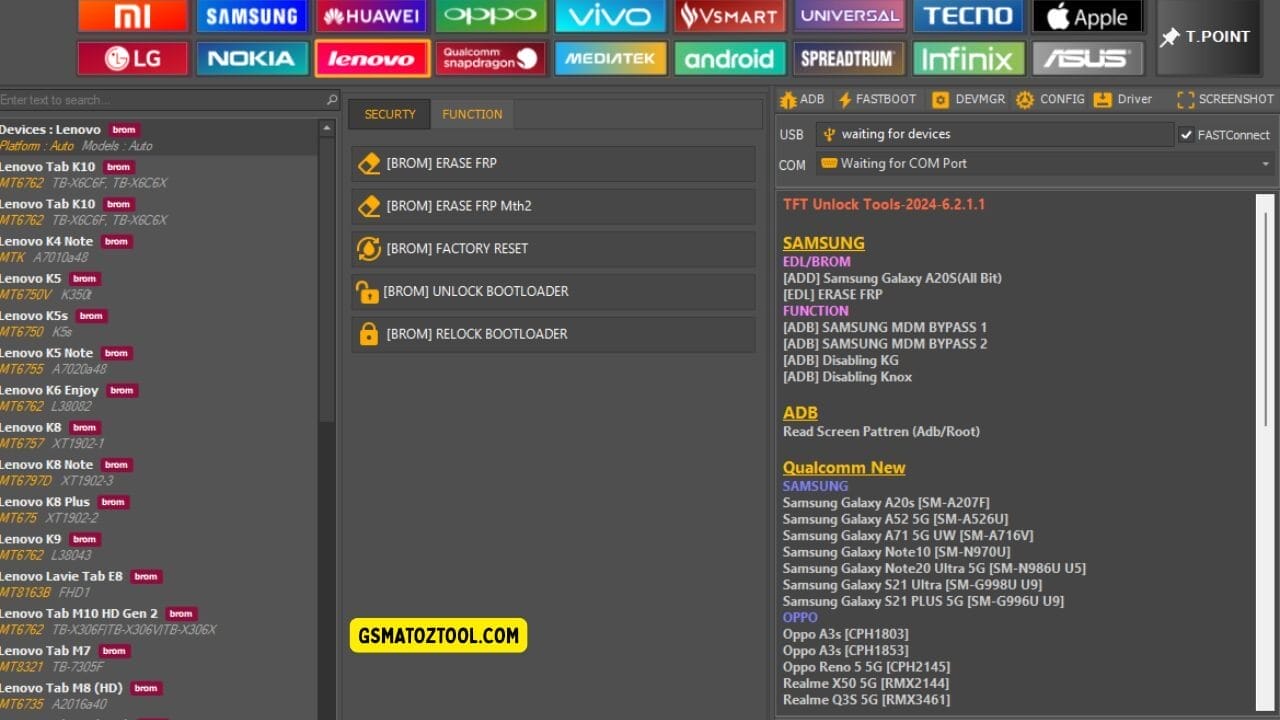 Tft unlock tool interface showing lenovo devices with frp erase factory reset and bootloader options