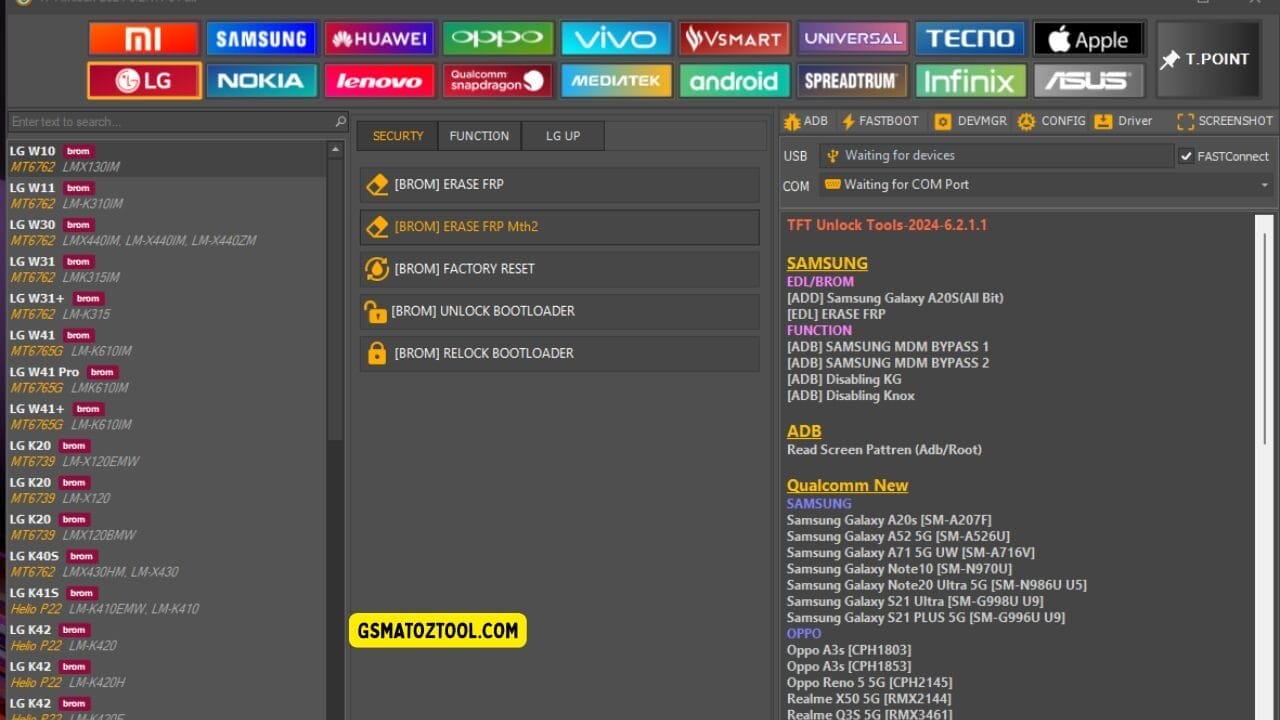 Tft unlock tool latest version free download (all-in-one solution) 35 Tft unlock tool interface showing lg device list with frp erase factory reset and bootloader options