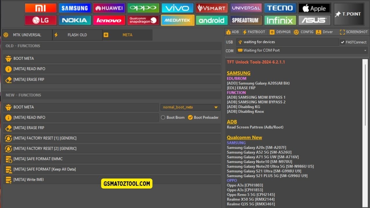 Tft unlock tool mtk meta tab showing frp erase factory reset safe format and imei write options