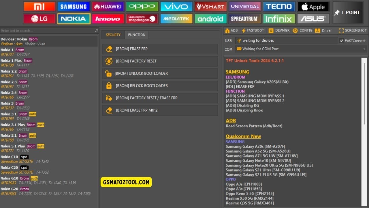 Tft unlock tool interface showing nokia devices with frp erase factory reset and bootloader options