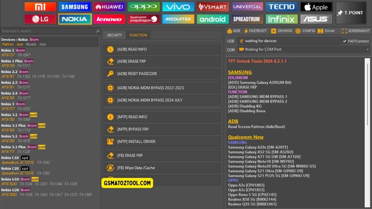 Tft unlock tool nokia function tab showing frp bypass passcode reset and mdm bypass options