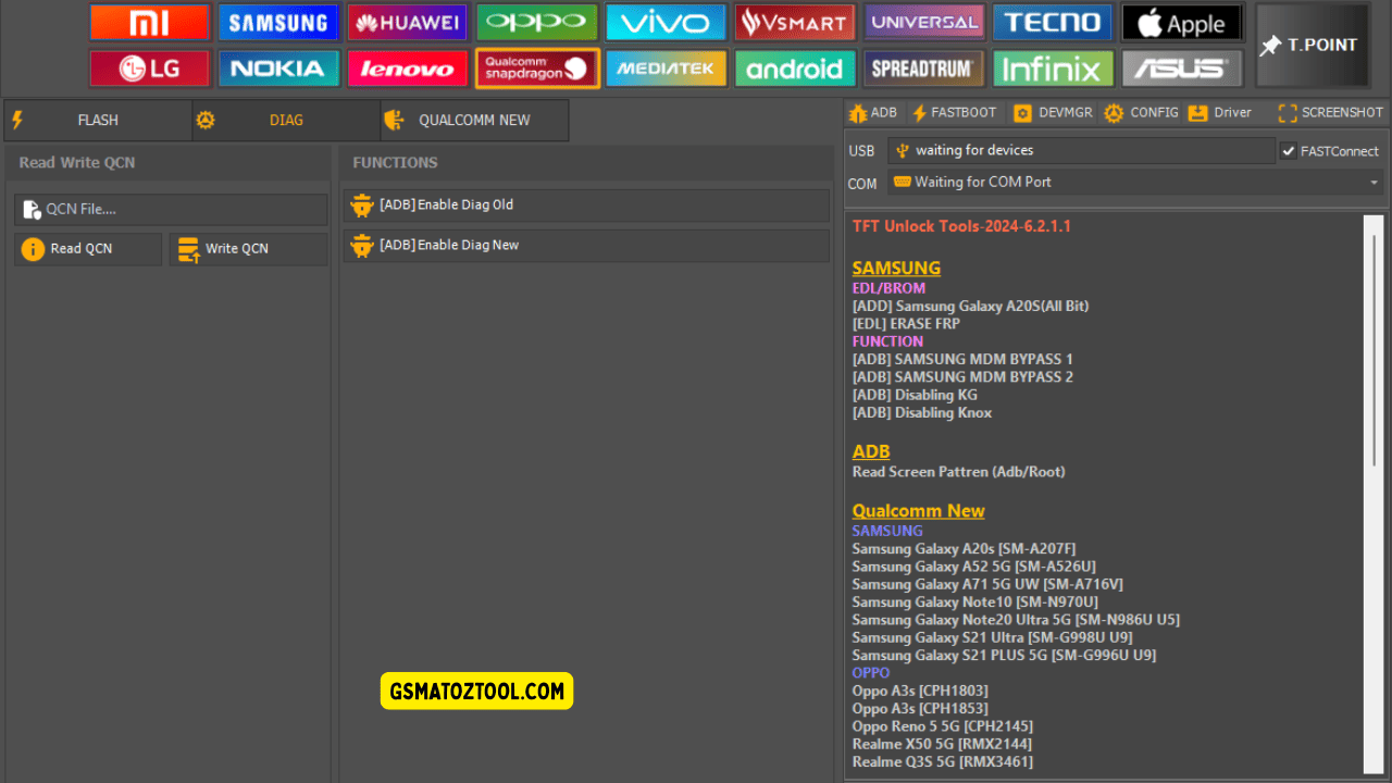Tft unlock tool qualcomm diag tab showing qcn read/write and enable diag options