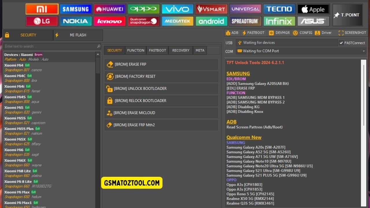 Tft unlock tools showing xiaomi device list security options like frp erase and bootloader unlock and connection status panel.