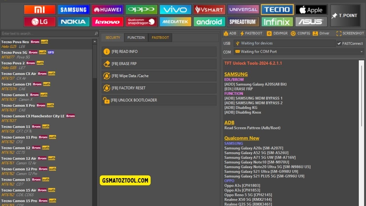 Screenshot of tft unlocker tool showing the tecno device list fastboot tab options frp tools factory reset features bootloader controls and usb/com connection status.
