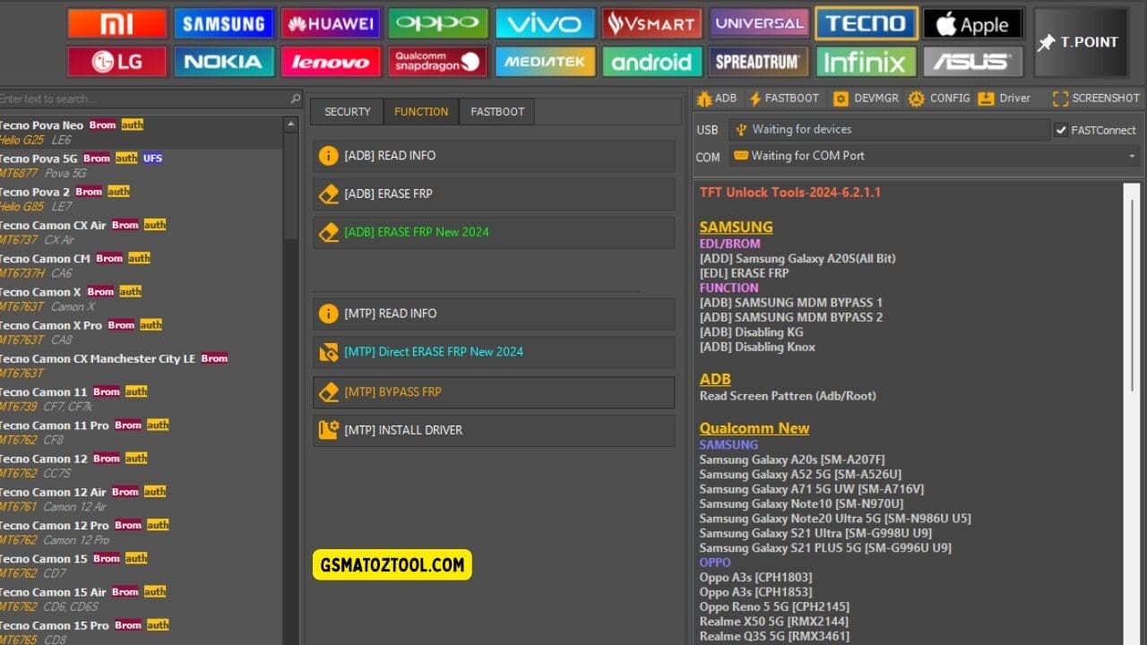 Screenshot of tft unlocker tool showing the tecno device list function tab options adb and mtp frp tools and usb/com connection status.