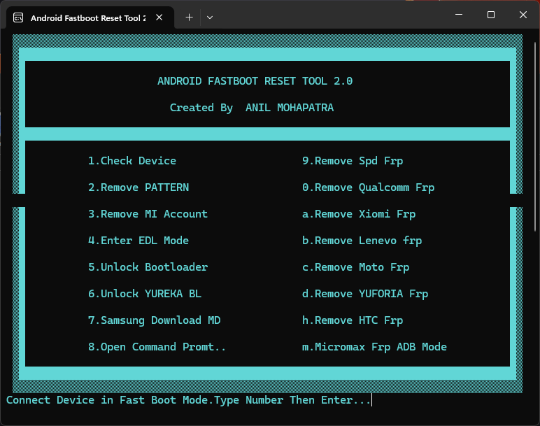 Android fastboot reset tool v2. 0 one-click solution for xiaomi & mi frp 2 Android fastboot reset tool 2. 0 interface by anil mohapatra showing pattern and frp removal options.