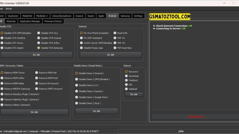 Griffin unlocker tool v2026 download frp & kg bypass 15 Griffin unlocker tool android adb tab showing disable ota samsung remove mdm tecno and remove payjoy app features.