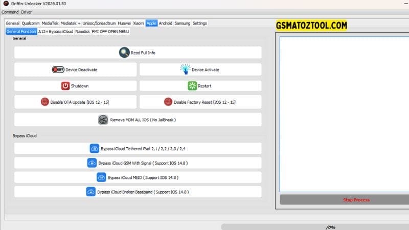 Griffin unlocker tool v2026 download frp & kg bypass 13 Griffin unlocker tool apple tab showing remove mdm no jailbreak bypass icloud gsm signal and disable ota features.