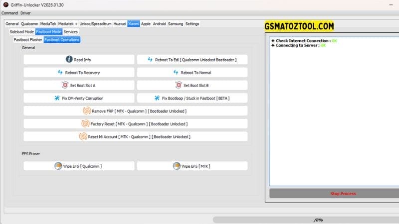 Griffin unlocker tool v2026 download frp & kg bypass 12 Griffin unlocker tool fastboot mode tab showing fix bootloop frp remove and dm-verity repair features.