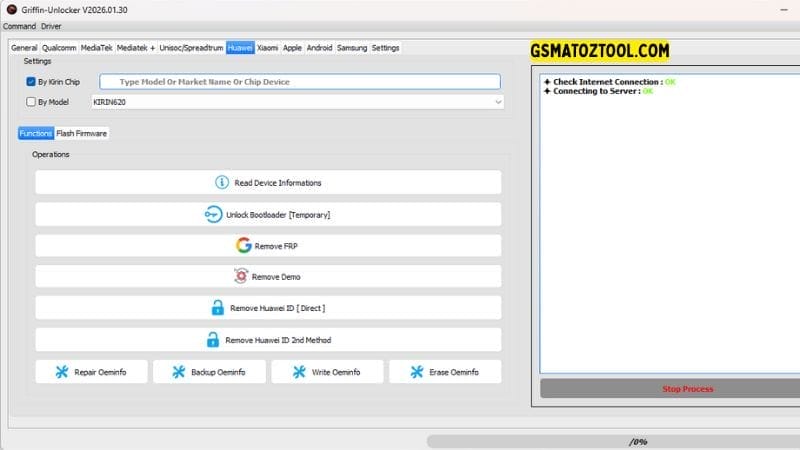 Griffin unlocker tool v2026 download frp & kg bypass 10 Griffin unlocker tool huawei tab showing kirin chip unlock bootloader remove frp and remove huawei id direct