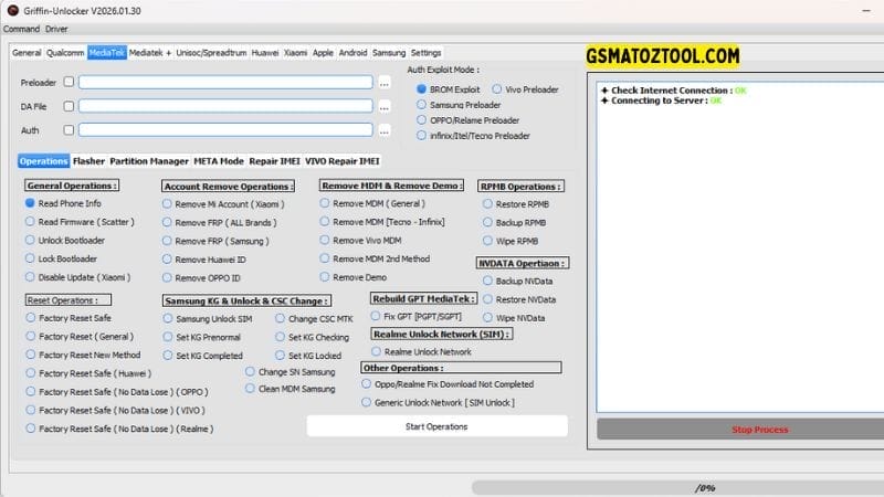 Griffin unlocker tool v2026 download frp & kg bypass 6 Griffin unlocker tool mediatek tab showing factory reset safe no data loss for oppo vivo realme and samsung unlock sim