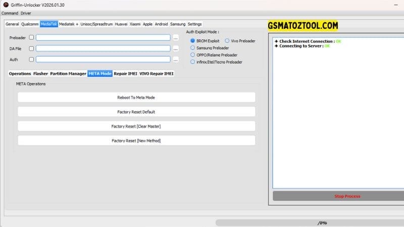 Griffin unlocker tool v2026 download frp & kg bypass 7 Griffin unlocker tool mediatek meta mode tab showing reboot to meta mode and factory reset new method