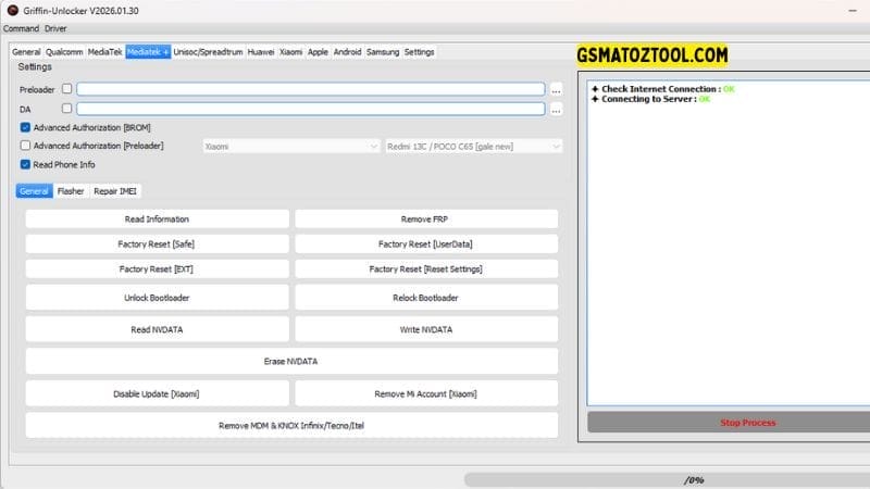 Griffin unlocker tool v2026 download frp & kg bypass 8 Griffin unlocker tool mediatek plus tab showing redmi 13c unlock bootloader remove mi account and remove mdm knox for infinix tecno itel.
