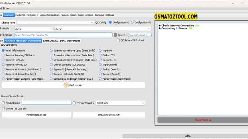 Griffin unlocker tool v2026 download frp & kg bypass 4 Griffin unlocker tool qualcomm edl operations tab showing samsung frp remove mi account anti-relock and data safe unlock for oppo vivo and realme.