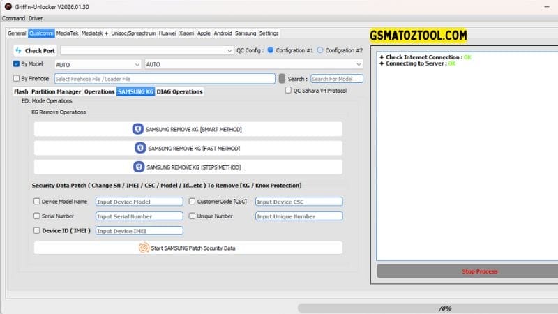 Griffin unlocker tool v2026 download frp & kg bypass 5 Griffin unlocker tool qualcomm samsung kg operations showing smart method kg removal and security data patch for knox bypass via edl.