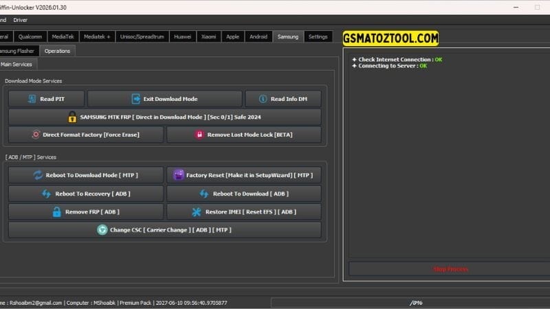 Griffin unlocker tool v2026 download frp & kg bypass 18 Griffin unlocker tool samsung operations tab showing samsung mtk frp download mode change csc carrier and direct format factory features.