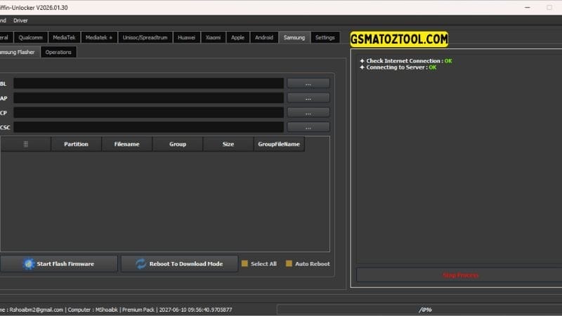Griffin unlocker tool v2026 download frp & kg bypass 17 Griffin unlocker tool samsung flasher tab showing bl ap cp csc firmware flashing and reboot to download mode features.