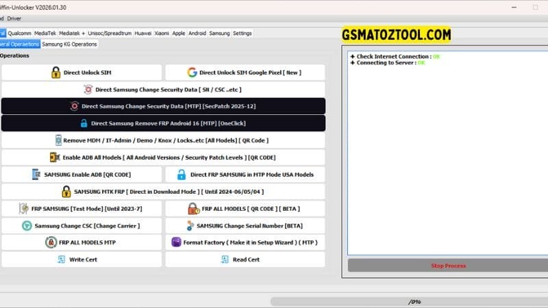Griffin unlocker tool screenshot showing direct samsung remove frp android 16 [oneclick] google pixel direct sim unlock and mdm knox removal