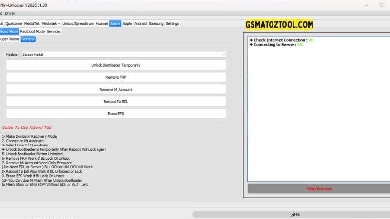 Griffin unlocker tool v2026 download frp & kg bypass 11 Griffin unlocker tool v2026 xiaomi sideload mode tab showing unlock bootloader temporarily remove mi account no auth and reboot to edl features.