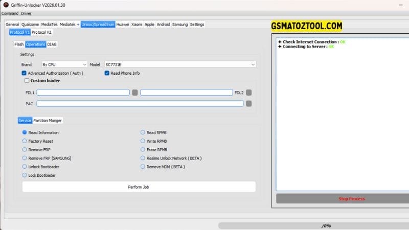 Griffin unlocker tool v2026 download frp & kg bypass 9 Griffin unlocker tool unisoc spreadtrum tab showing sc7731e frp remove samsung unisoc frp and realme unlock network