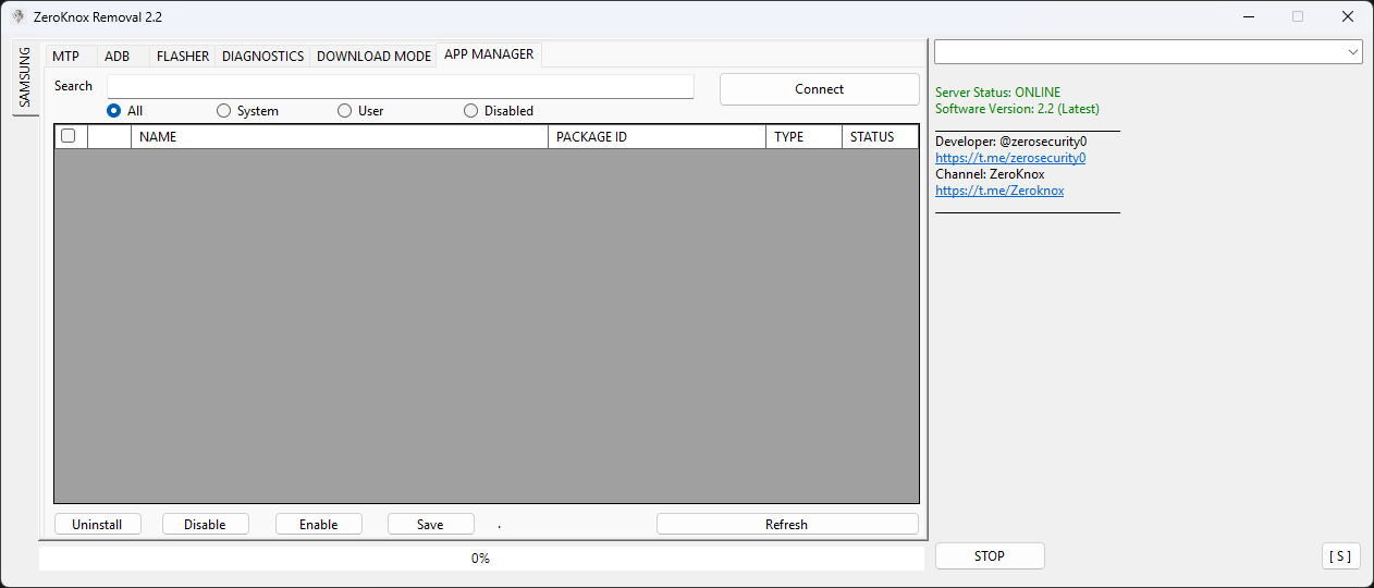 Zeroknox removal tool v2. 4 remove kg lock and frp bypass 6 Zeroknox removal tool 2. 2 app manager tab showing app filters search bar connect button app list grid and uninstall/disable/enable options.