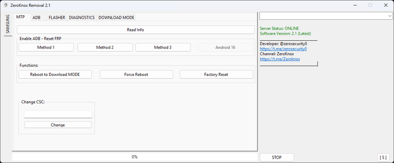 Zeroknox removal tool v2. 4 remove kg lock and frp bypass 2 Zeroknox removal tool interface showing samsung frp reset kg unlock firmware flashing and device