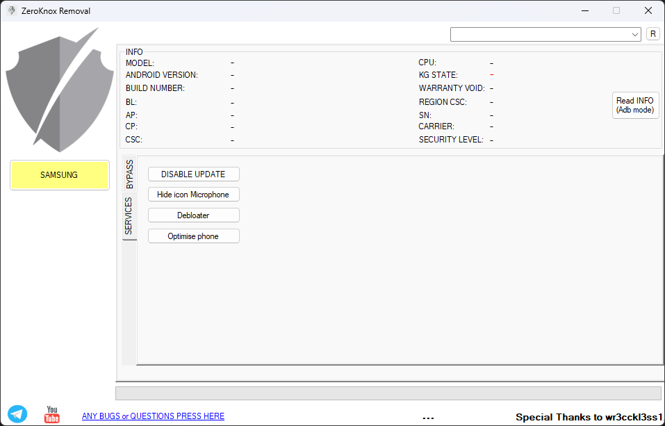 Zeroknox removal tool v2. 4 remove kg lock and frp bypass 8 Zeroknox removal tool services tab showing disable update hide icon microphone debloater and optimise phone options for samsung devices.