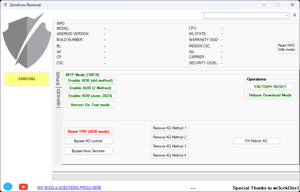 Zeroknox removal tool v2. 4 remove kg lock and frp bypass 7 Zeroknox removal tool interface showing kg lock bypass frp reset adb enable methods factory reset and reboot download mode options for samsung devices.