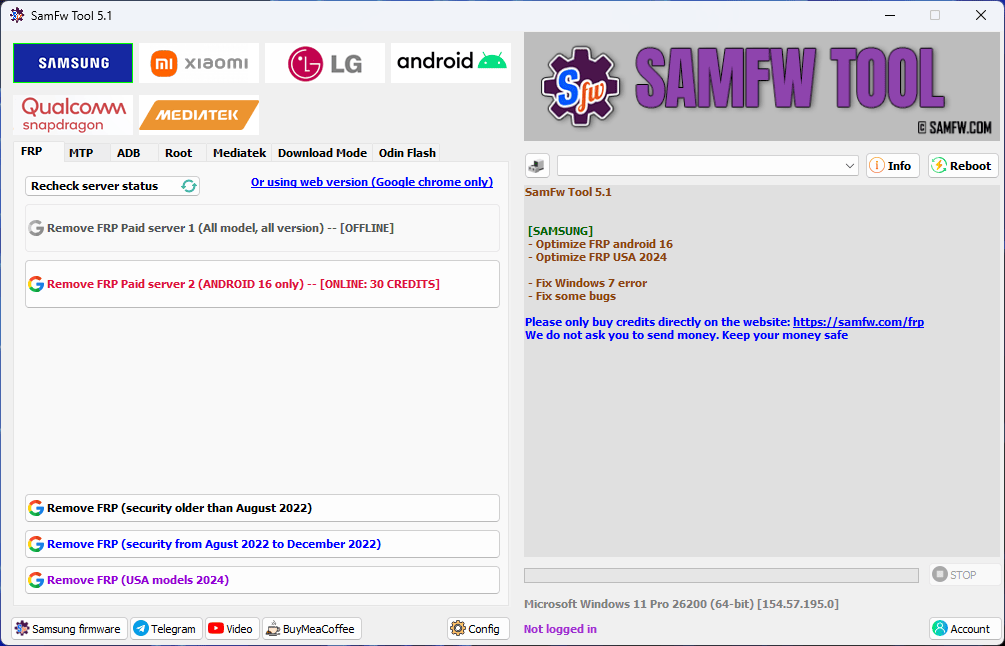 Samfw tools 5. 3 samsung xiaomi lg android unlock tool download 2 Samfw frp tool interface showing samsung xiaomi lg and android frp unlock options