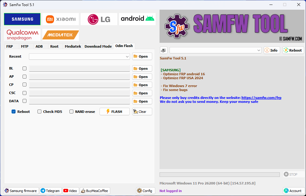 Samfw tool 5. 2 one-click samsung frp removal tool 2 Samfw tools interface showing samsung frp removal and android unlocking features